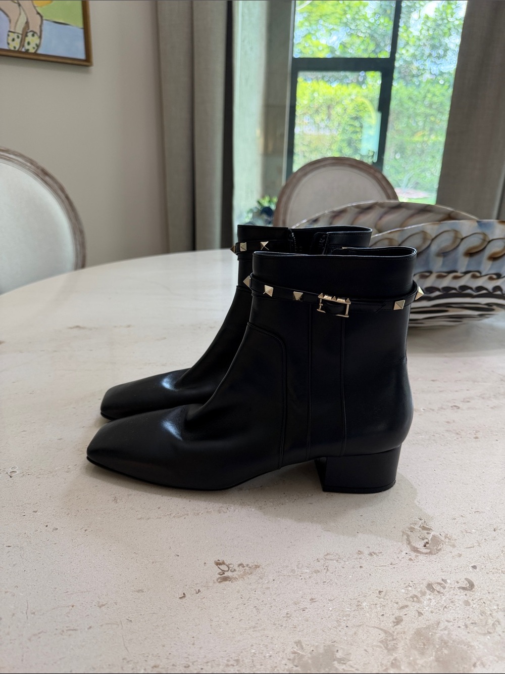 Valentino Stud-Trim Black Leather Ankle Boots